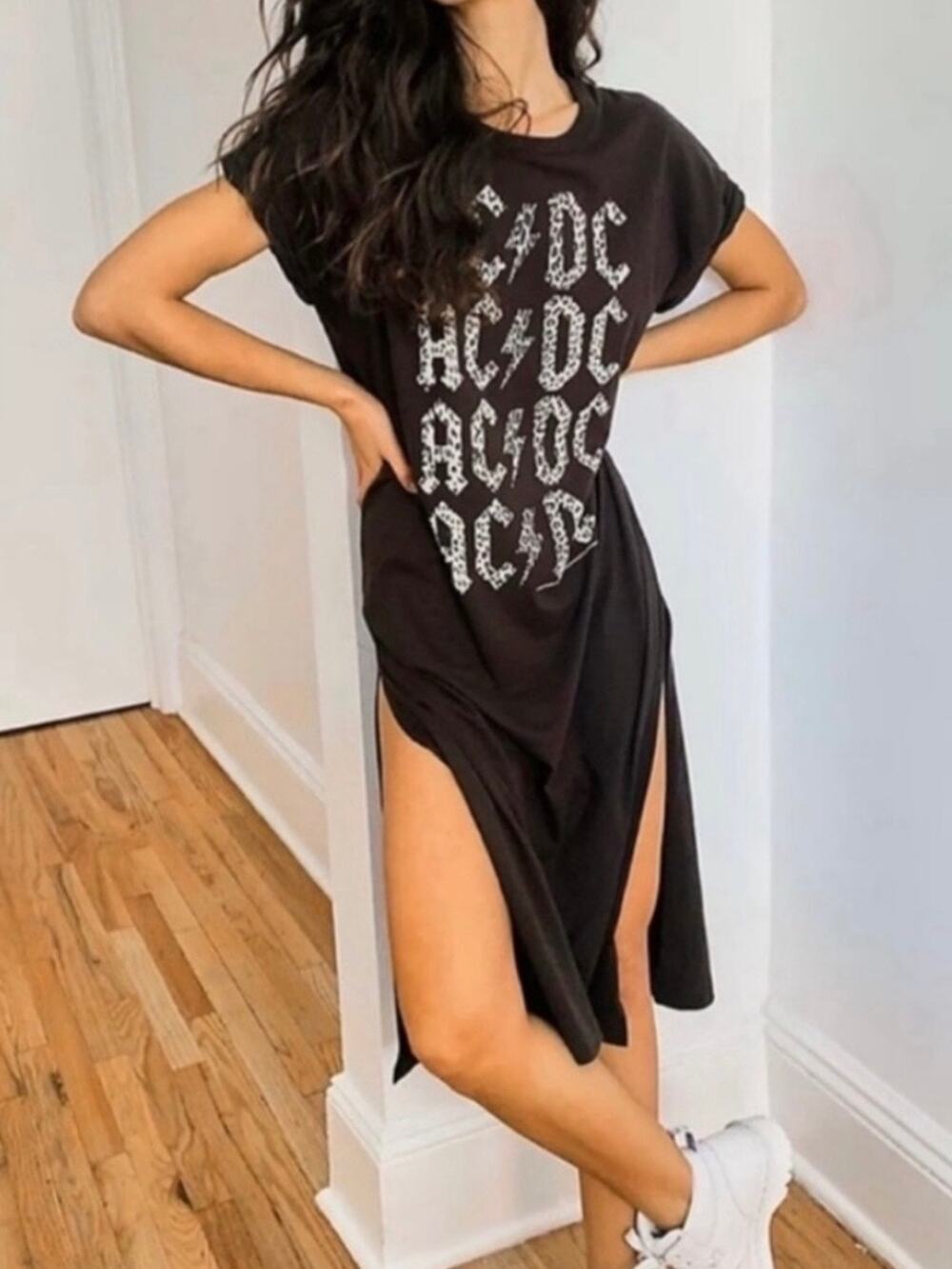 Free People Chaser Black Dark Gray AC/DC Cotton High Slit T-Shirt Dress Sz.S